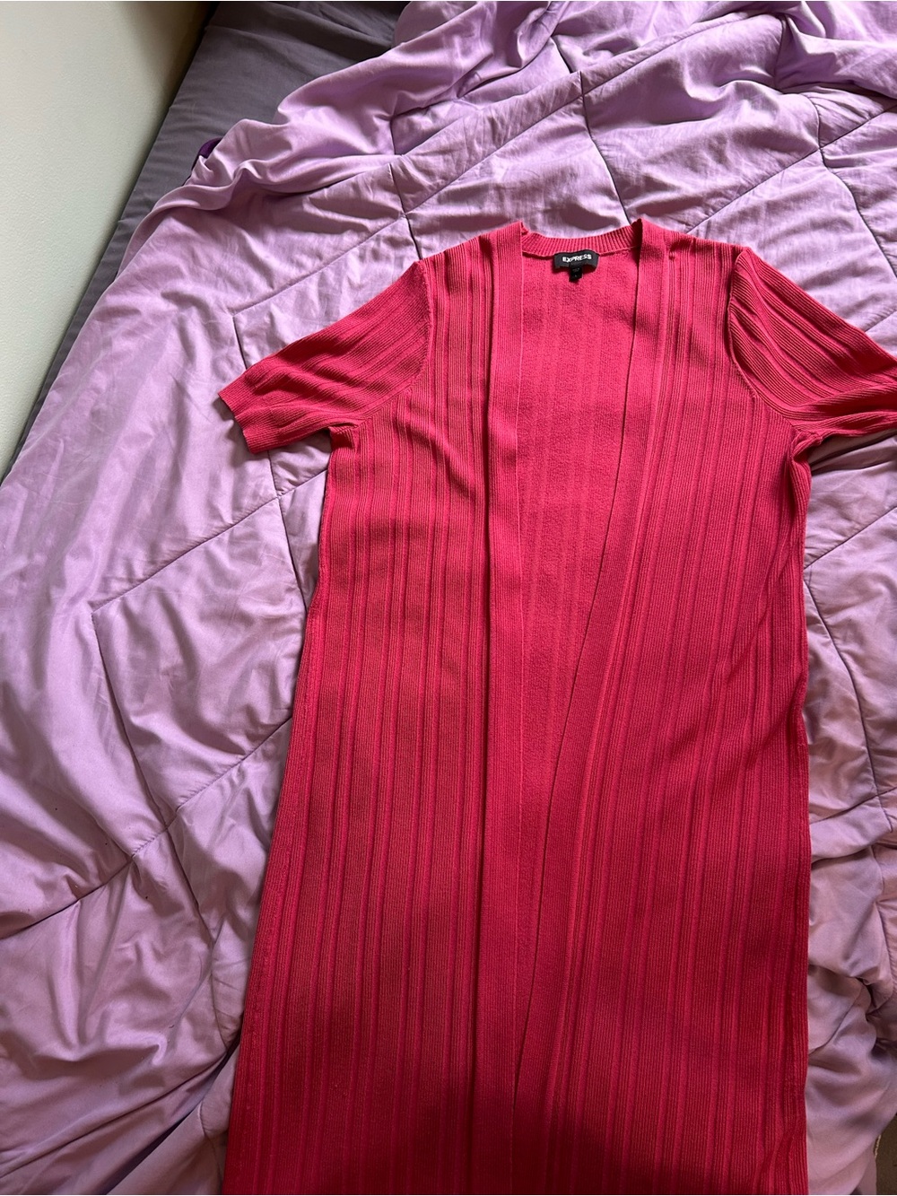 Express Hot Pink Short-Sleeve Ribbed Open Cardigan